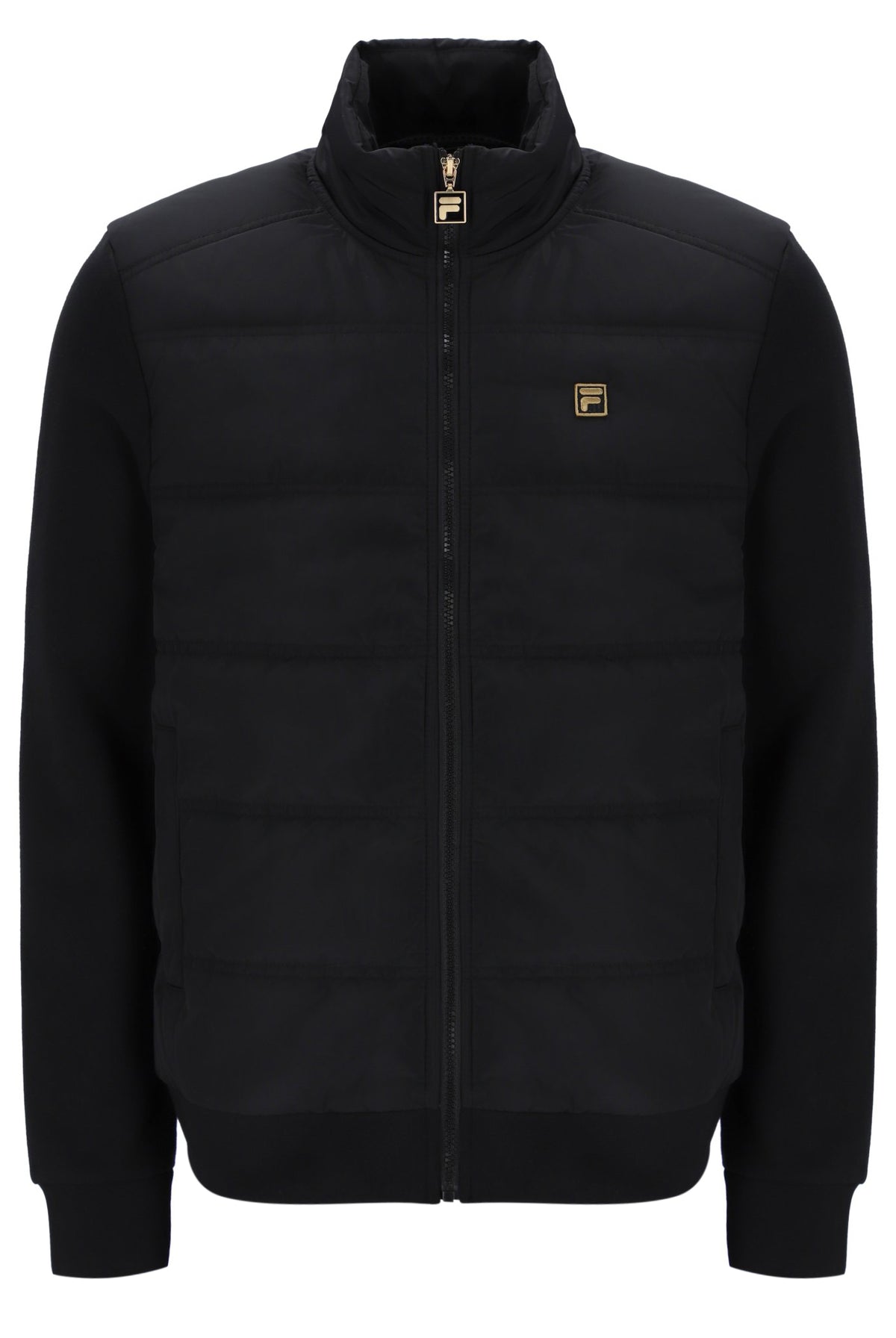 Displays the Black 'FILA' branded Jerry Full Zip Padded Jacket