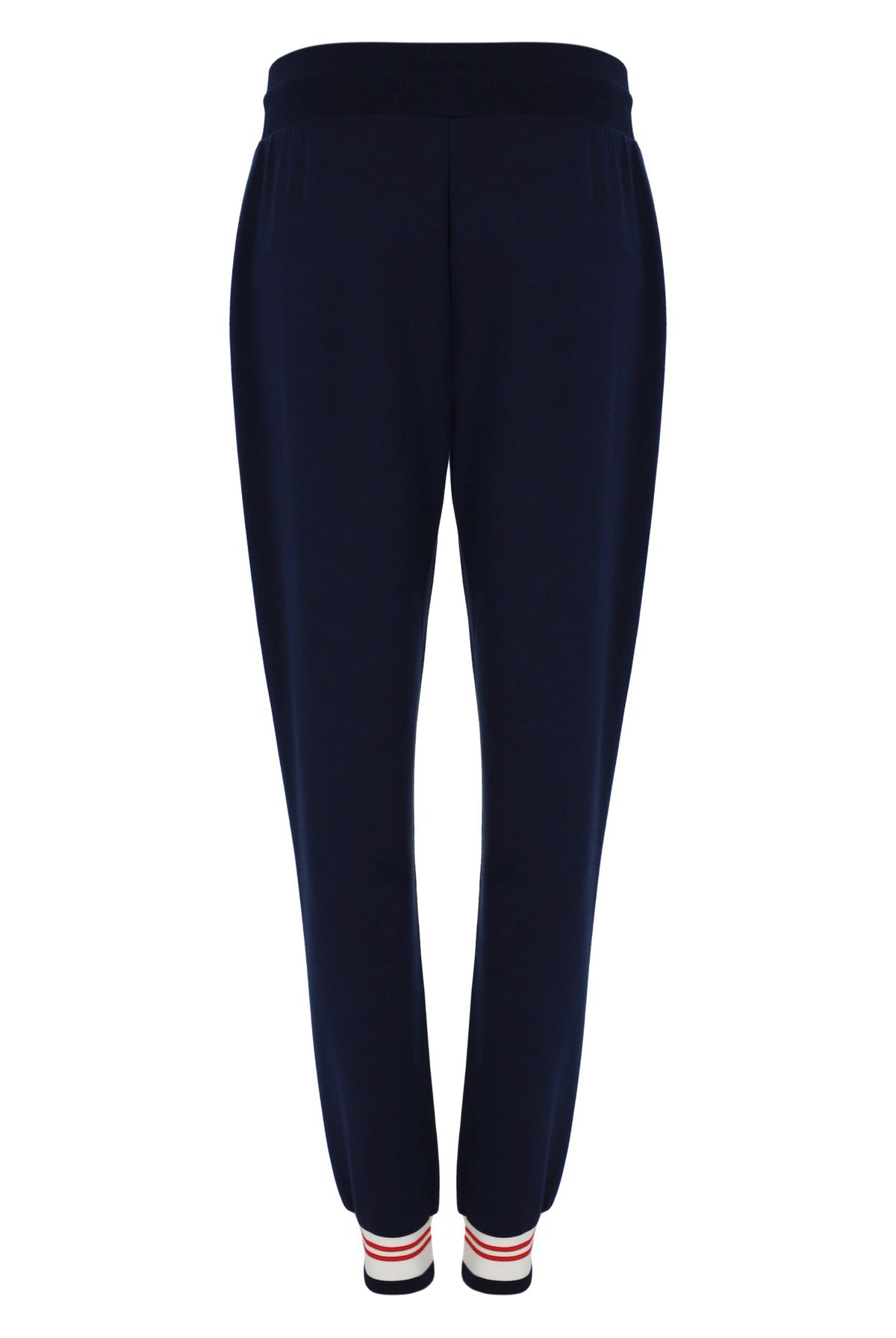 Navy blue pants with striped socks on a white background