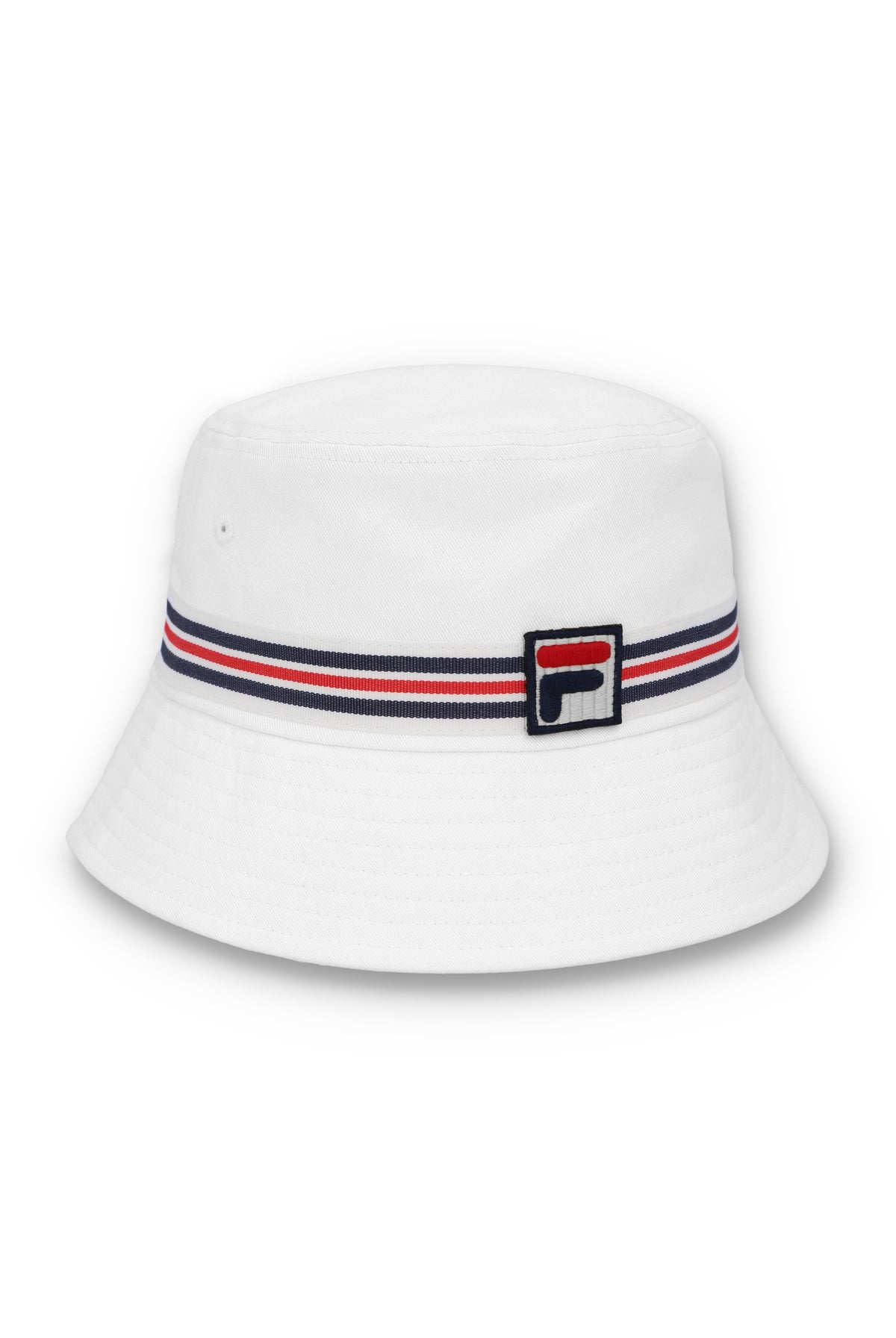 A white bucket hat with a red, blue, and white striped detail around the base and the FILA logo on the front.