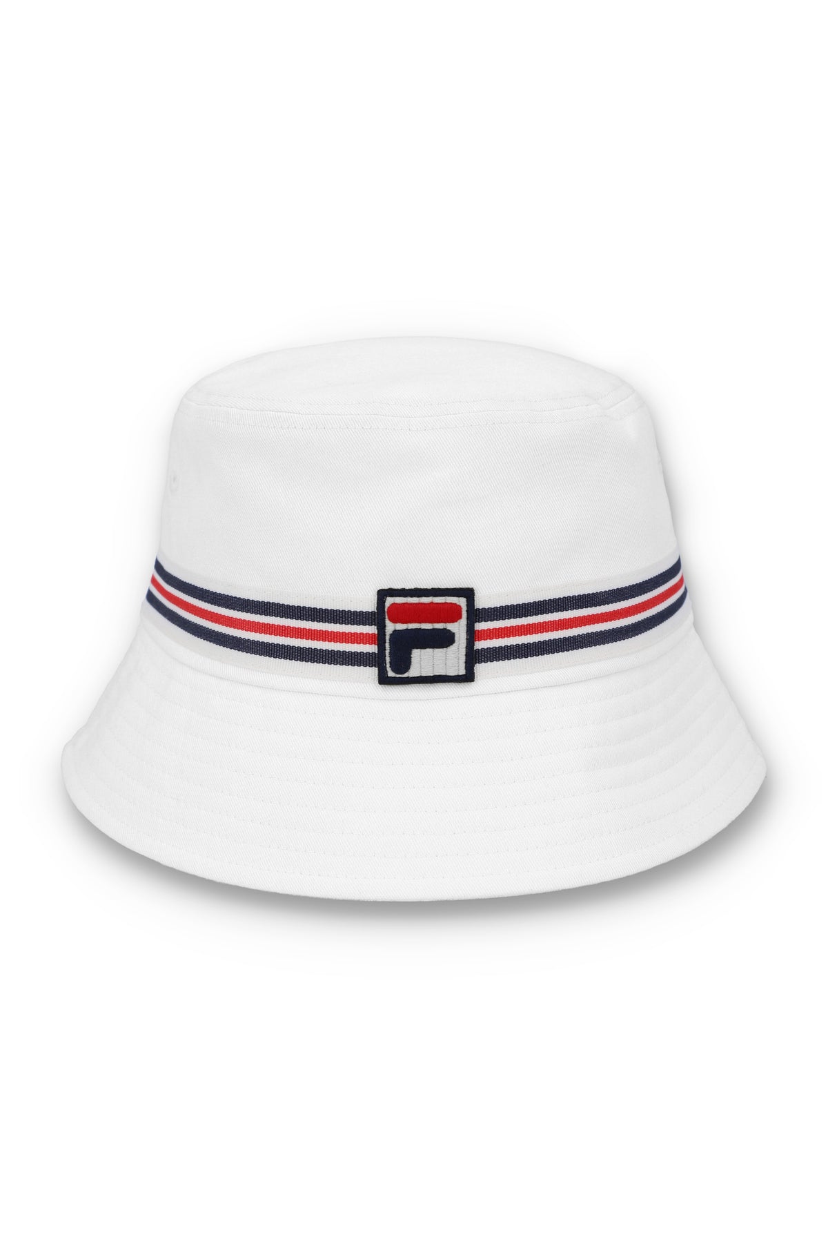 A white bucket hat with a red, blue, and white striped detail around the base and the FILA logo on the front.