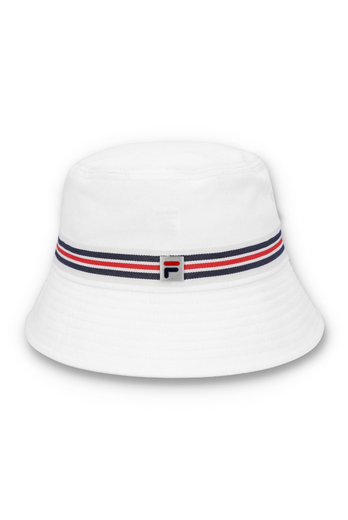 A white bucket hat with a red, blue, and white striped detail around the base and the FILA logo on the front.