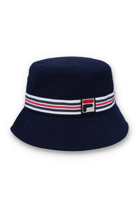 Displays the Blue 'FILA' branded Heritage Stripe Bucket Hat