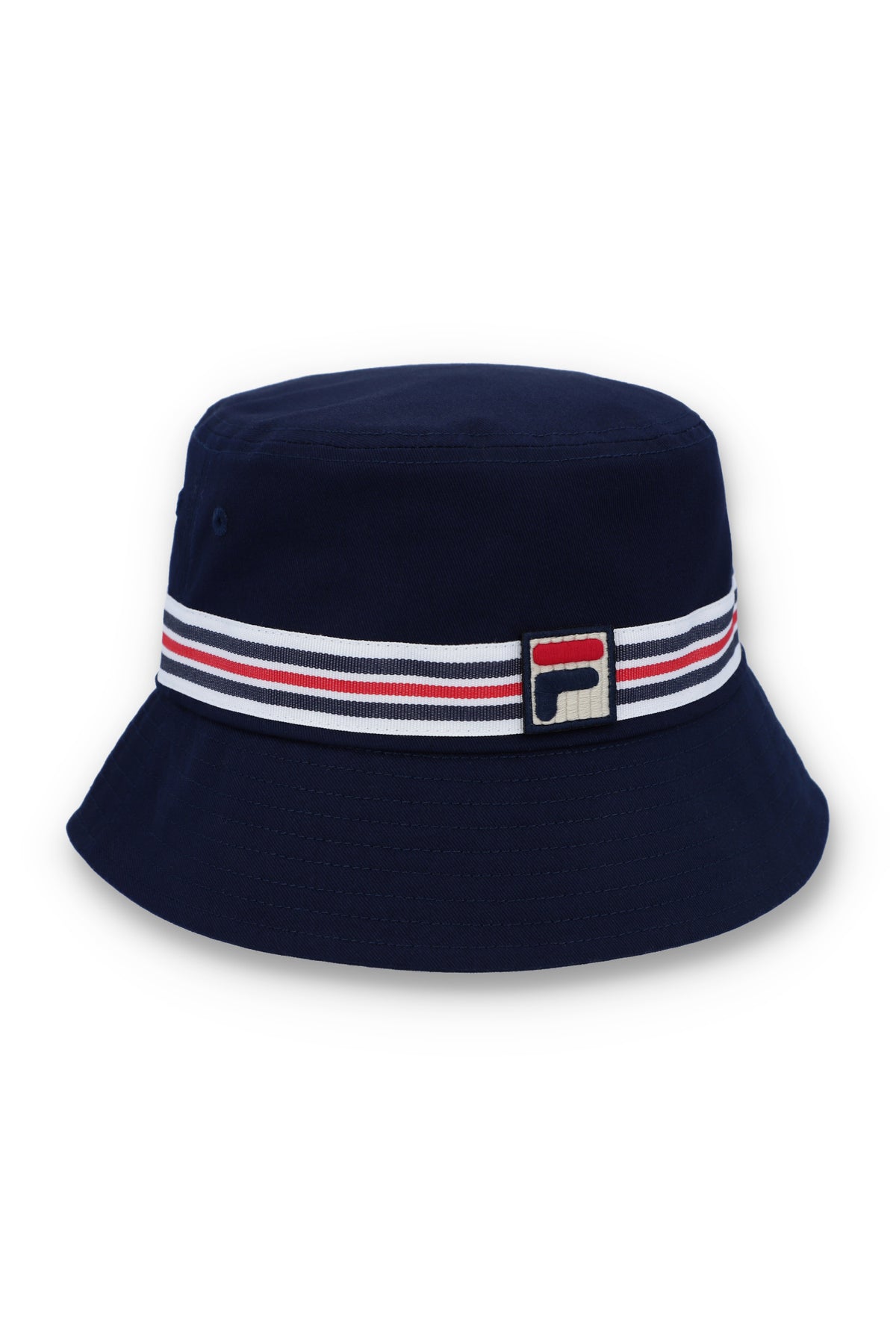 Displays the Blue 'FILA' branded Heritage Stripe Bucket Hat