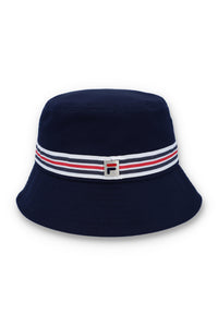Displays the Blue 'FILA' branded Heritage Stripe Bucket Hat