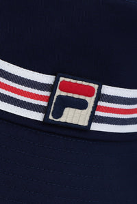 Displays the Blue 'FILA' branded Heritage Stripe Bucket Hat featuring the FILA branded logo