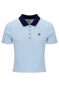 Light blue polo shirt with dark collar and FILA logo on a white background