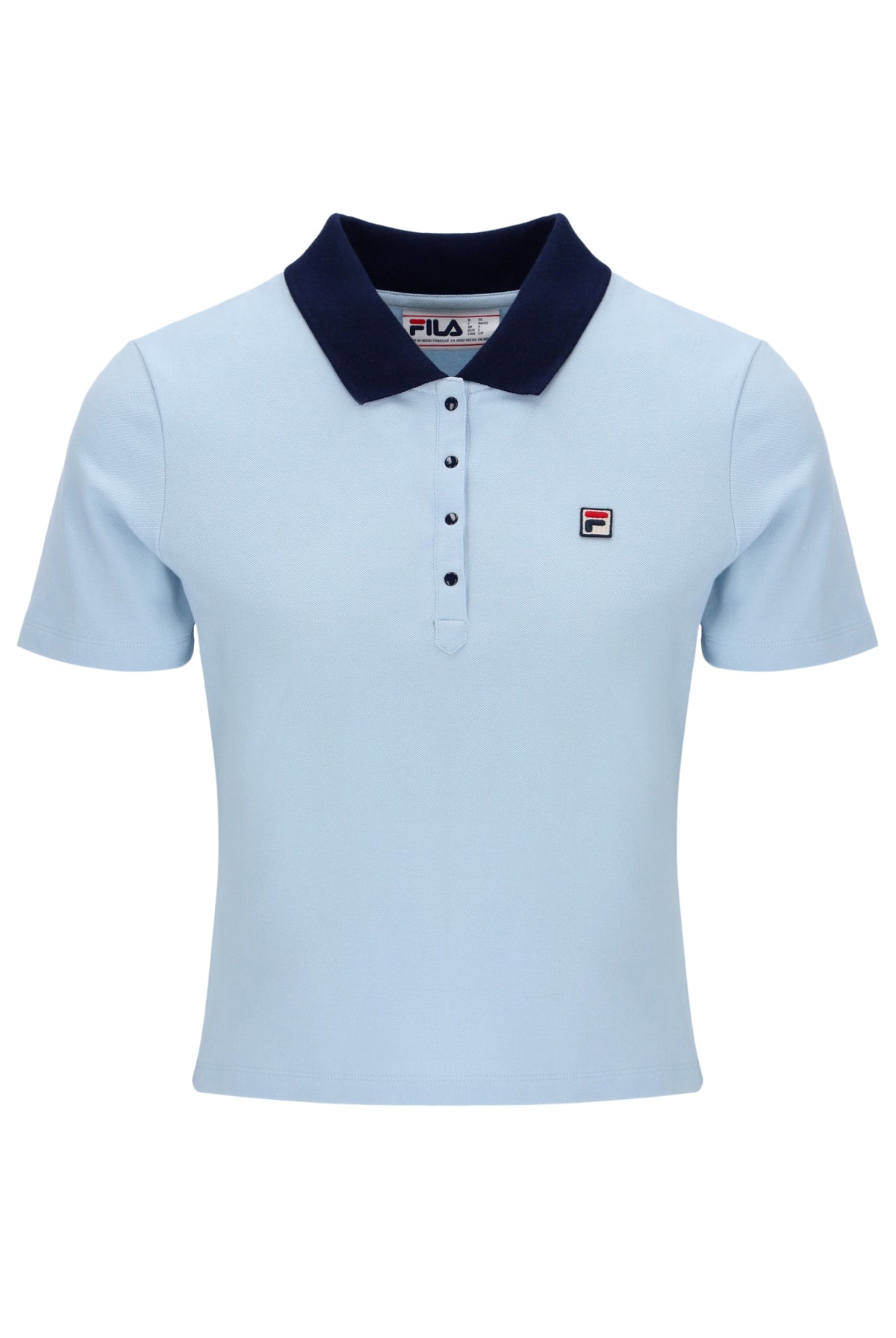 Light blue polo shirt with dark collar and FILA logo on a white background