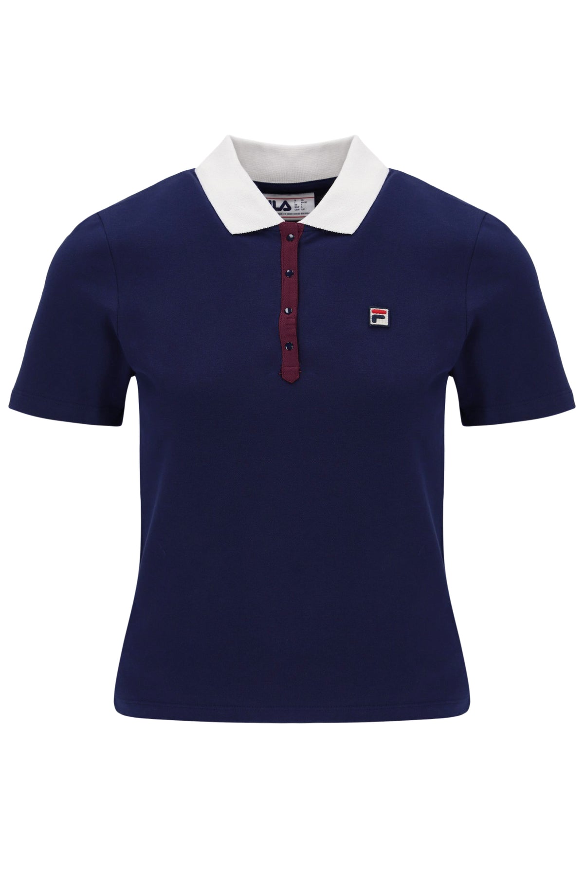Displays the Navy 'FILA' branded Juno Fitted Iconic Polo