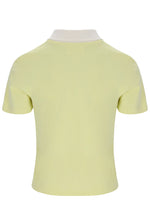 Yellow polo shirt with a white collar on a white background