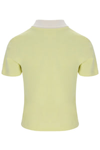 Yellow polo shirt with a white collar on a white background
