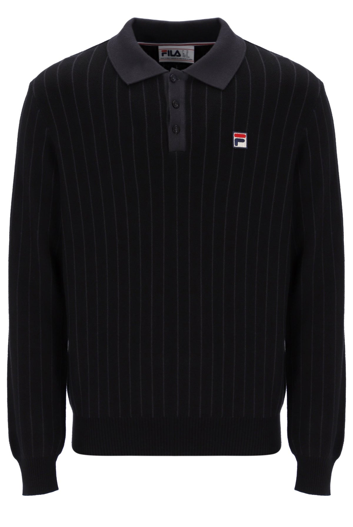 Displays the Black 'FILA' branded Kobe Striped Knit Polo