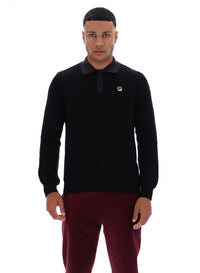 Displays a model wearing the Black 'FILA' branded Kobe Striped Knit Polo