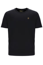 Black t-shirt with a small logo on a white background