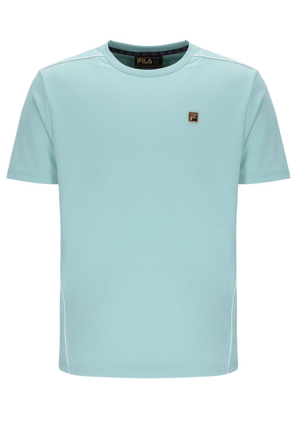 Light blue t-shirt with brand logos on a white background
