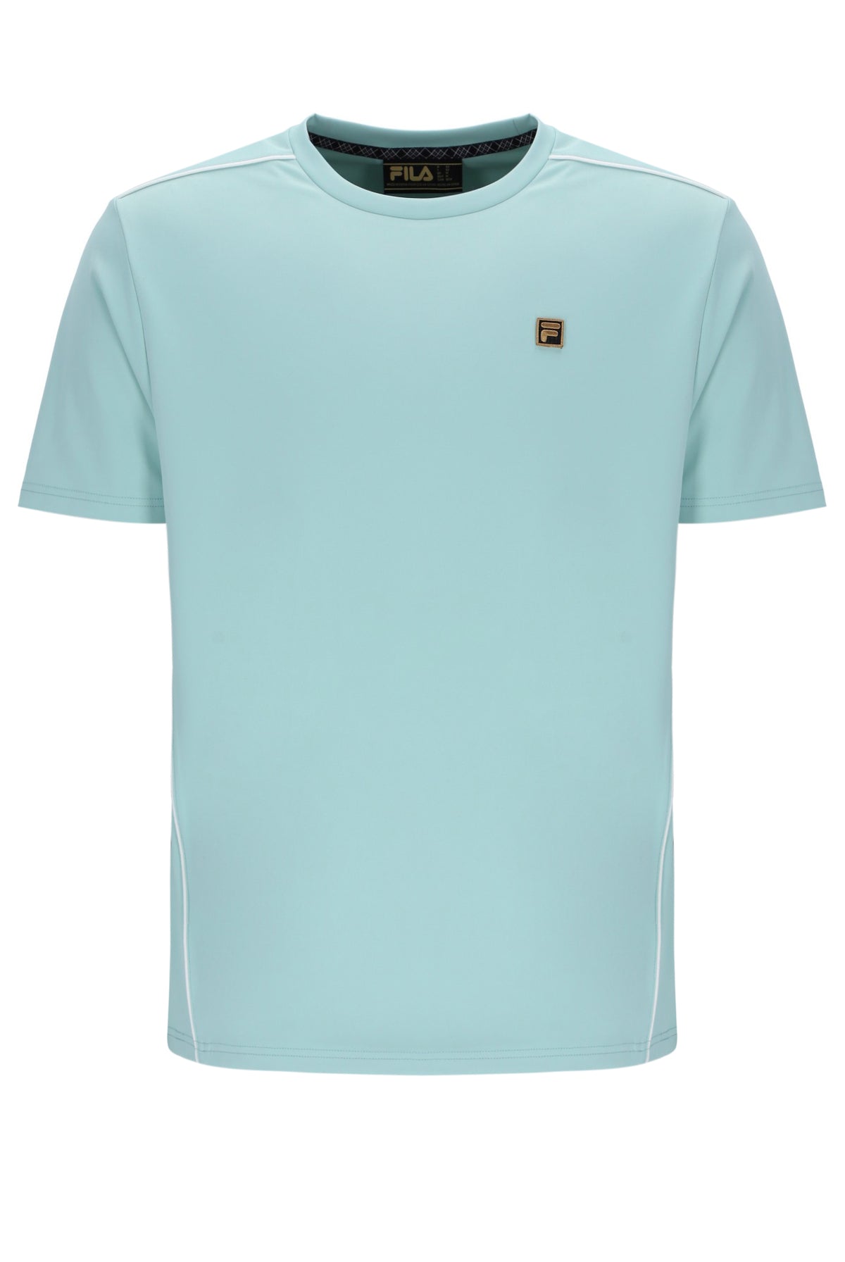 Light blue t-shirt with brand logos on a white background