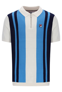 Displays the Gardenia & Azure Blue 'Fila' branded Lazar Knitted Colourblock Zip Polo