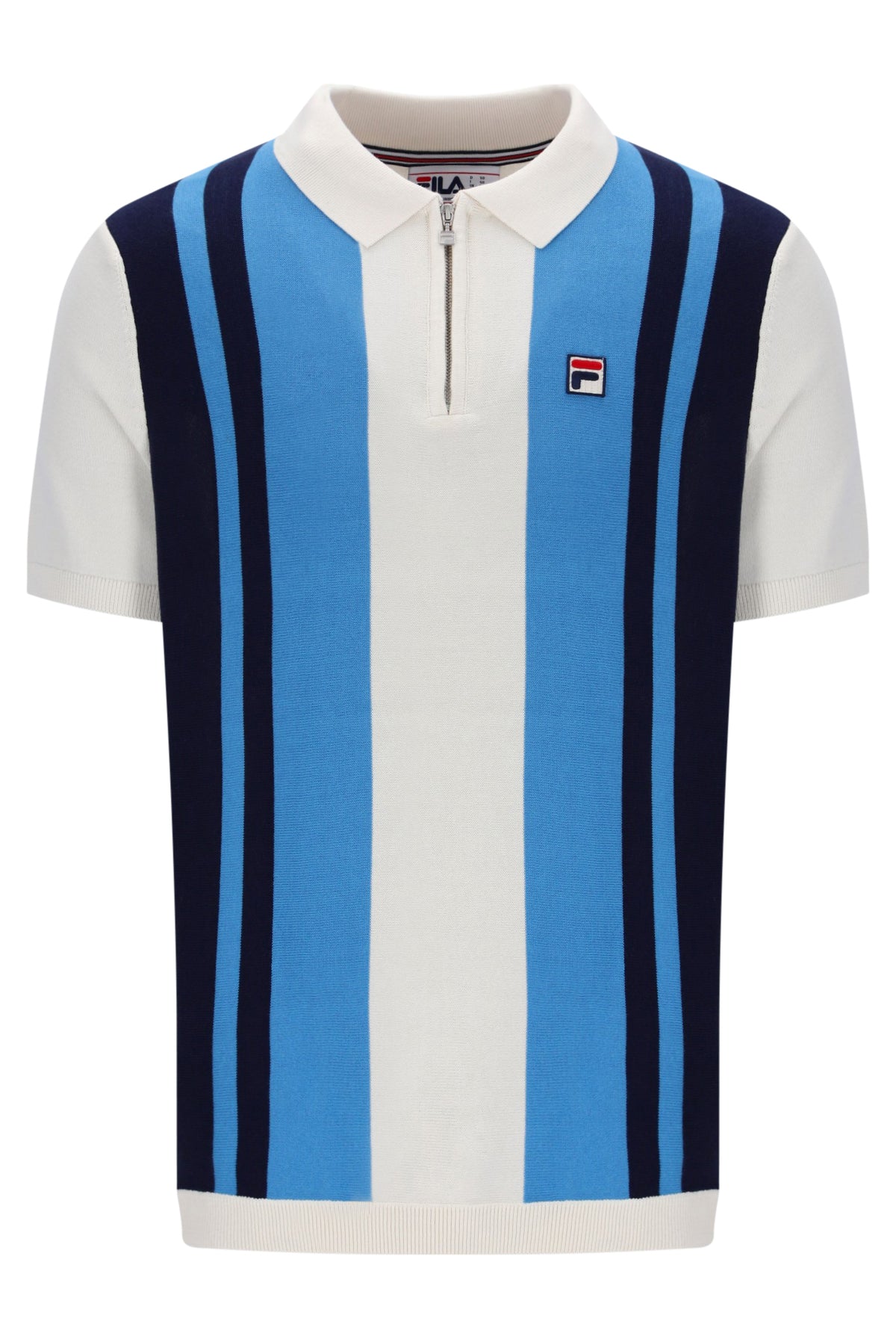 Displays the Gardenia & Azure Blue 'Fila' branded Lazar Knitted Colourblock Zip Polo