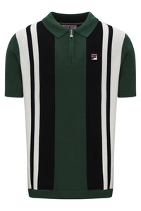 Displays the Pine Needle and Black 'FILA' branded Lazar Knitted Colourblock Zip Polo