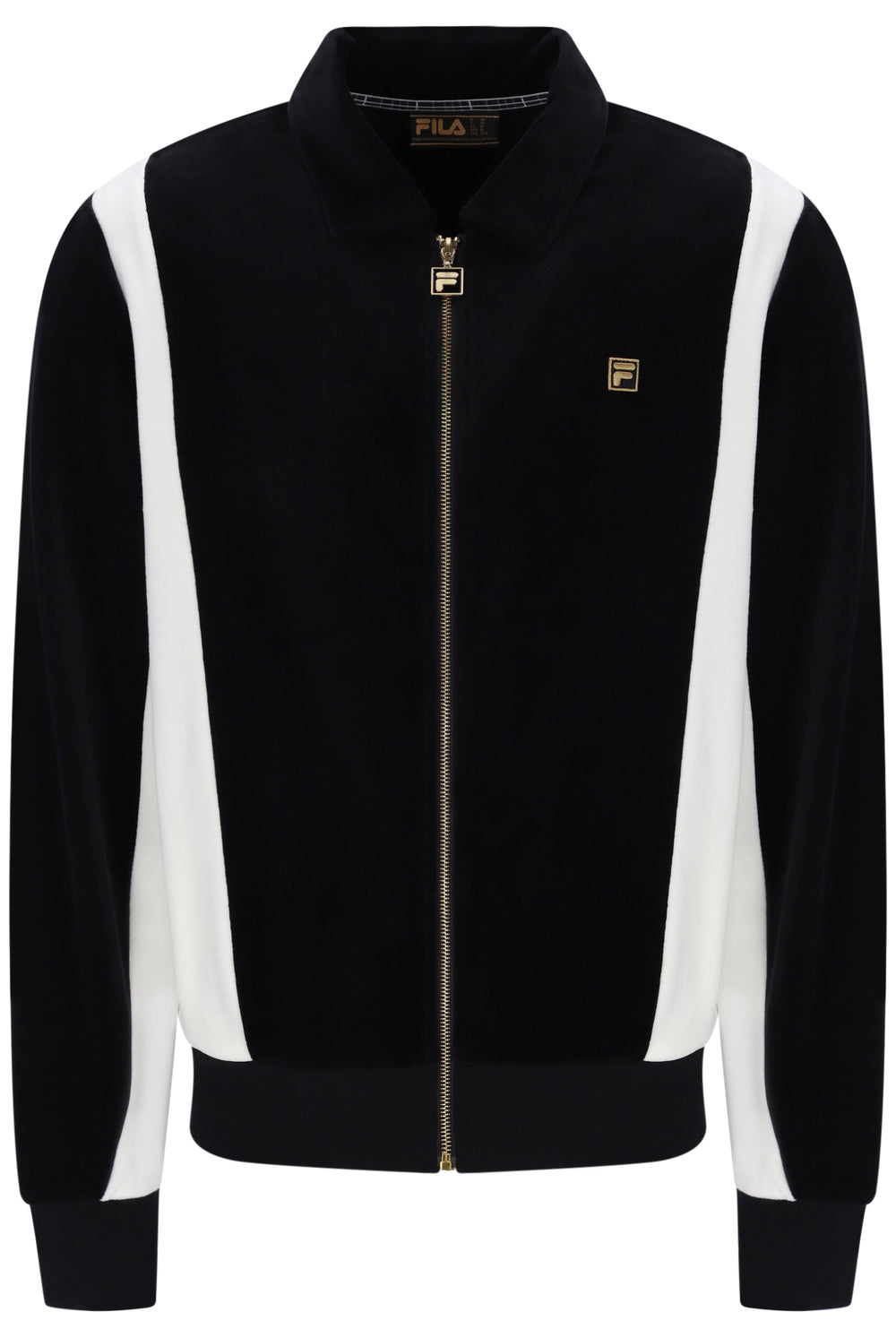Displays the Black and White 'FILA' branded Down Lazaro Velour Colour Block Jacket