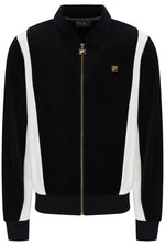 Displays the Black and White 'FILA' branded Down Lazaro Velour Colour Block Jacket