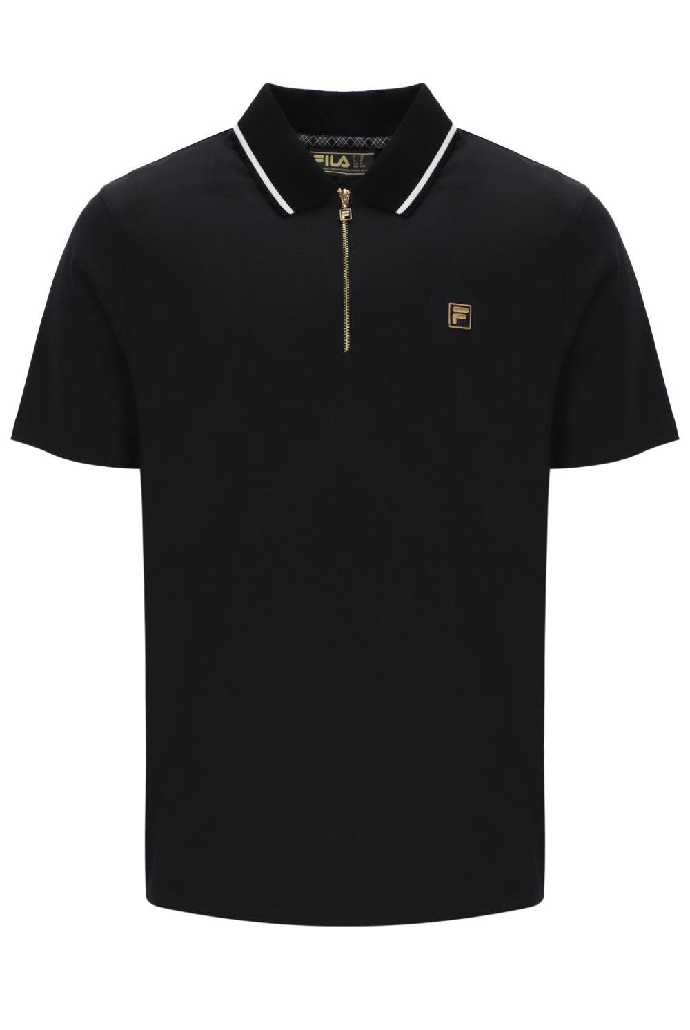 Black polo shirt with a small logo on a white background