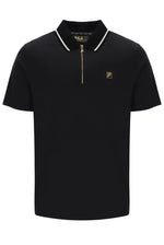 Black polo shirt with a small logo on a white background