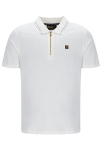 White polo shirt with a small logo on a white background