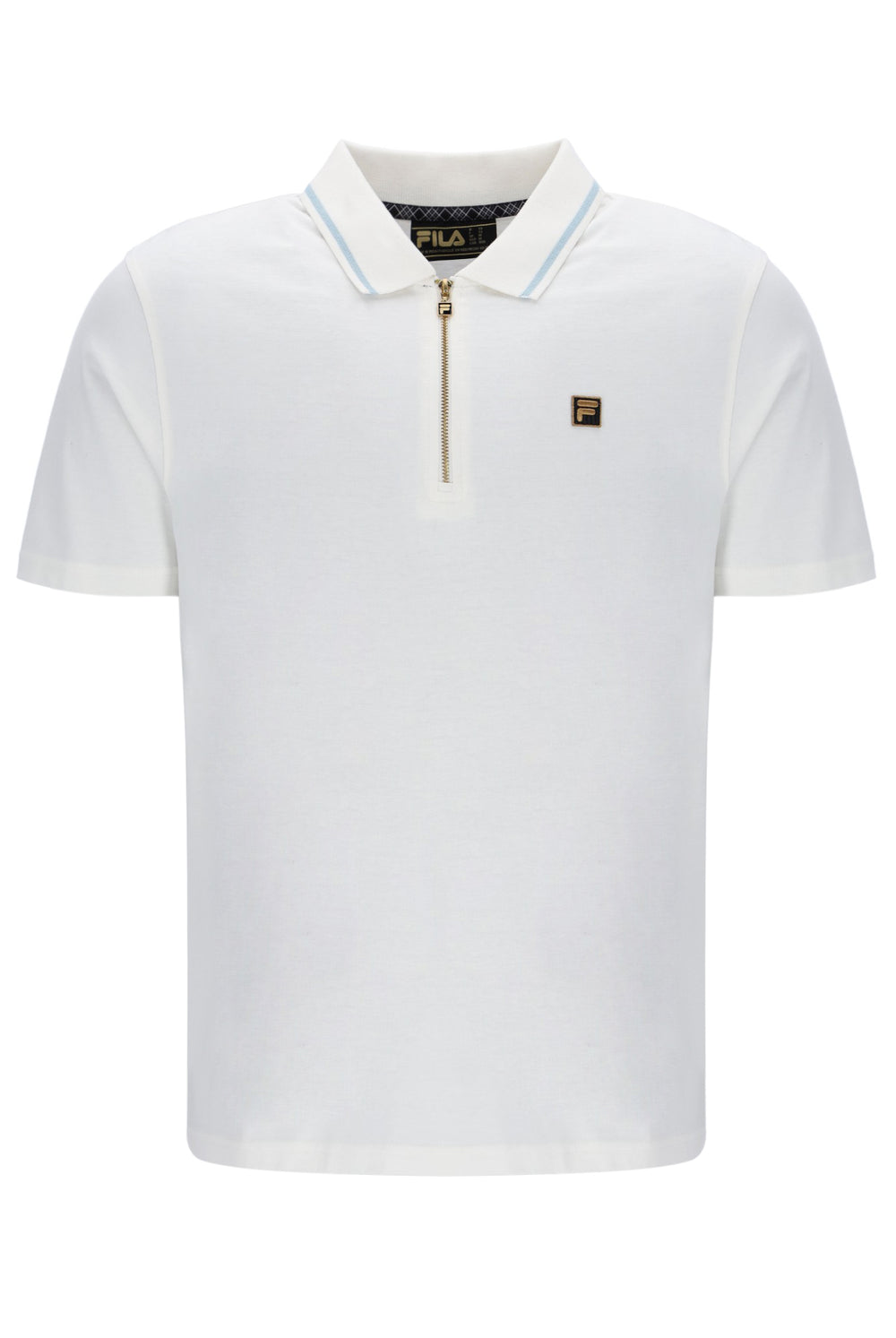 White polo shirt with a small logo on a white background