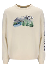 A beige FILA Len Graphic Crew Sweatshirt with a mountain range and brand logo on the front.