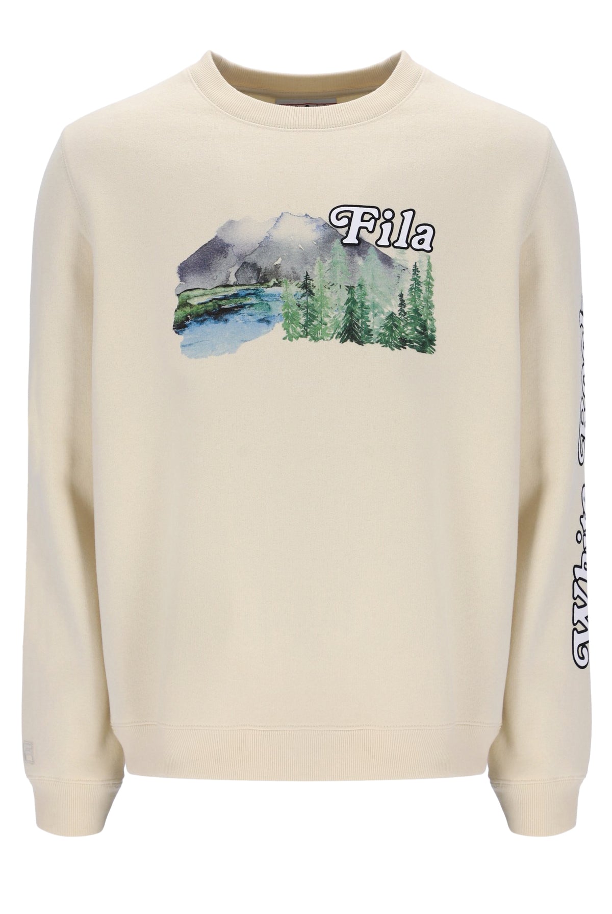 A beige FILA Len Graphic Crew Sweatshirt with a mountain range and brand logo on the front.