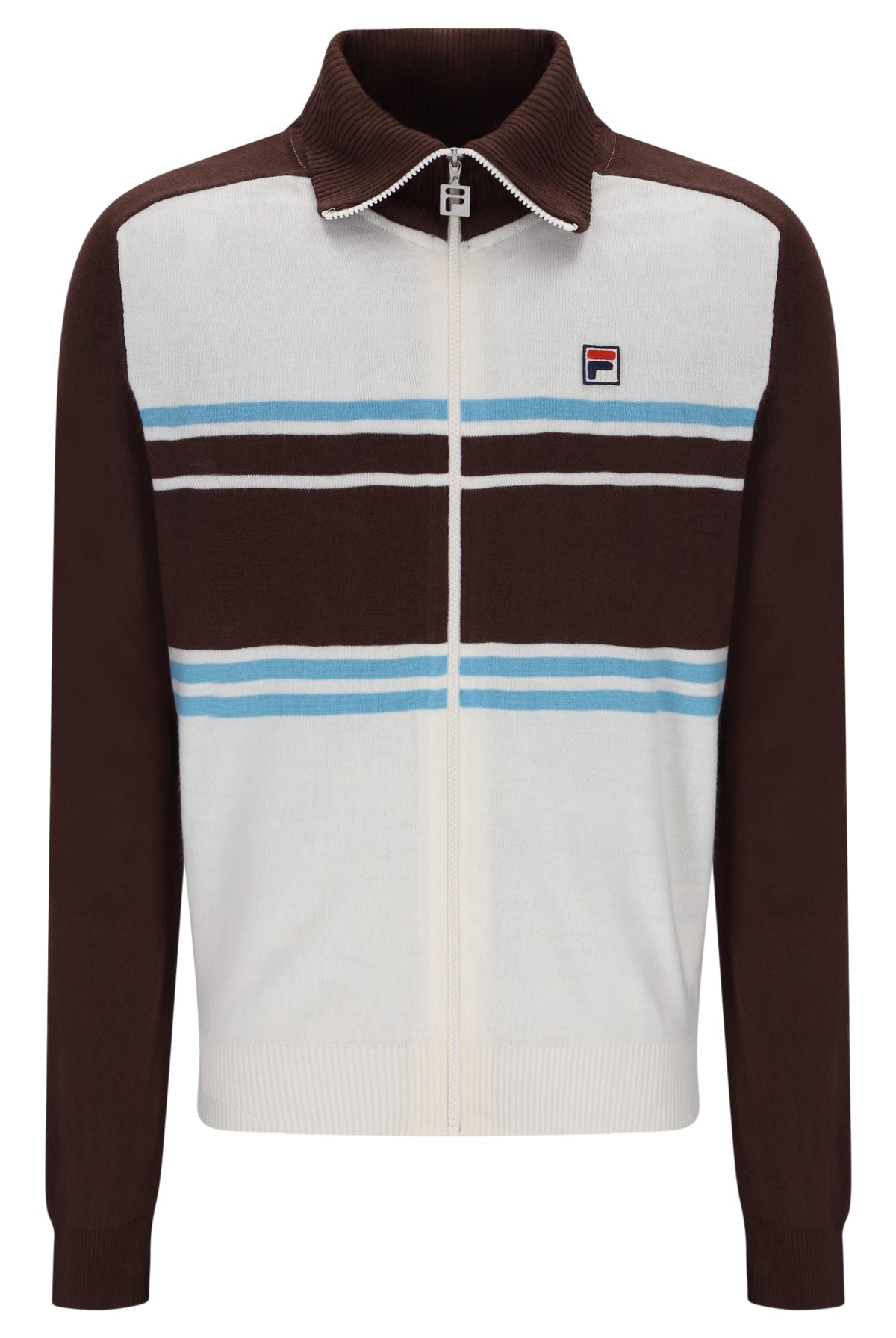 Displays the Gardenia and Fudge 'FILA' branded Blue Lena Knitted Full Zip Funnel Neck Jumper