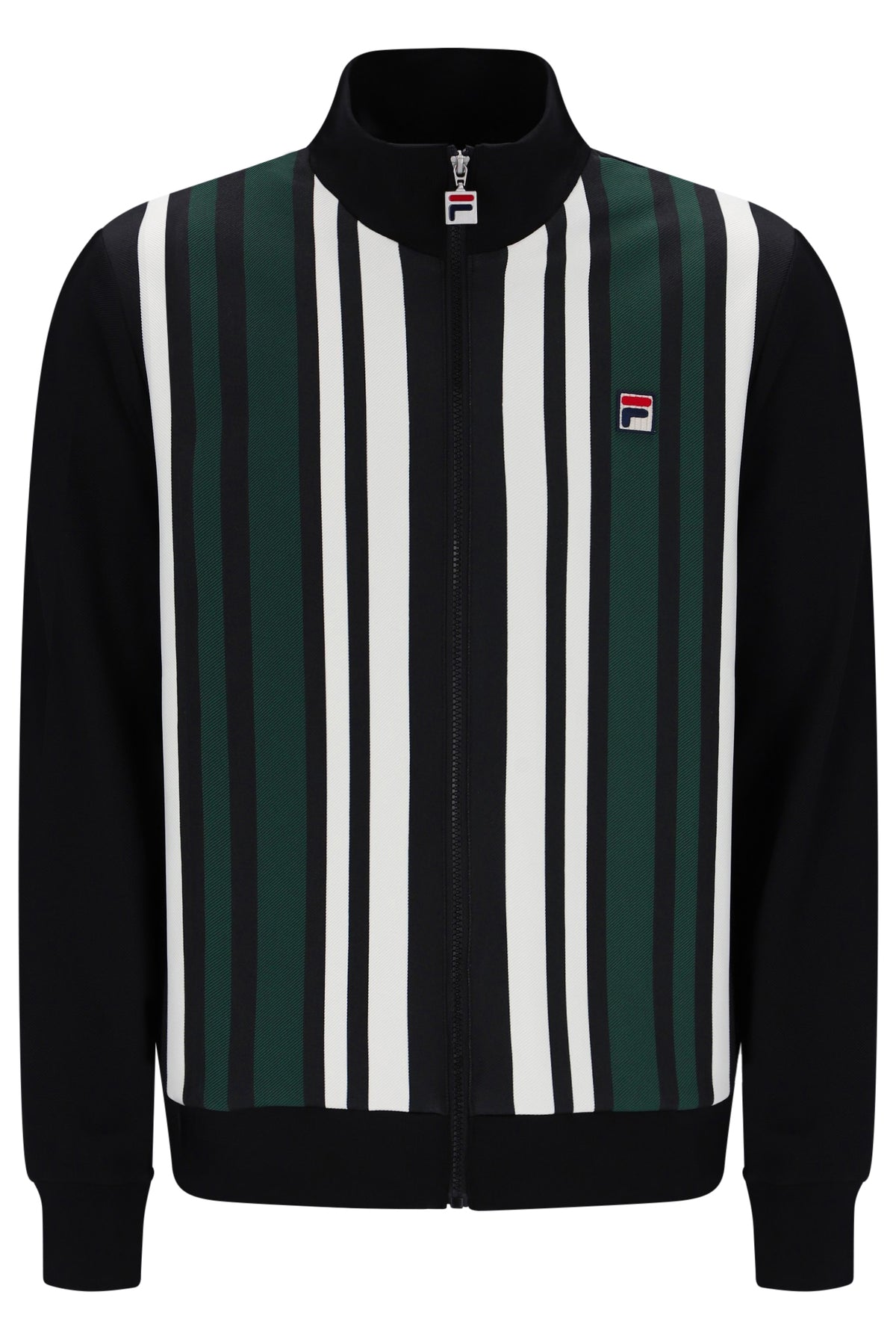A Fila zip-up track jacket with a black ribbed collar, cuffs, and hem, featuring vertical stripes of green, white, and black on the body, with a small Fila logo patch on the left chest.
