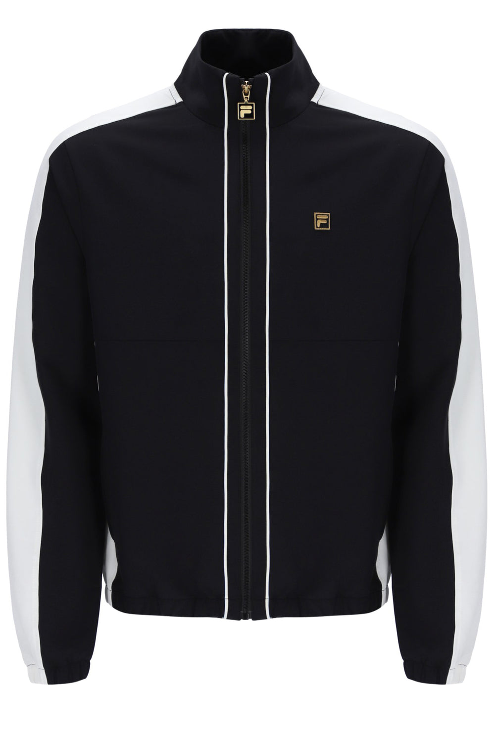 Black jacket with white stripes on sleeves and collar, featuring a brand logo on a white background.