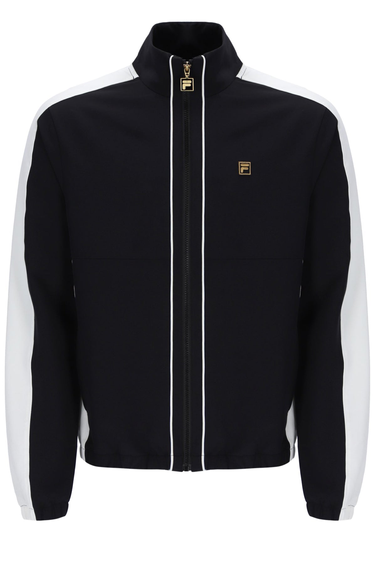 Black jacket with white stripes on sleeves and collar, featuring a brand logo on a white background.