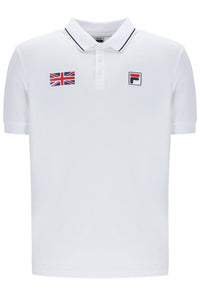 A white tennis polo shirt with button-up fastening and cap sleeve. It features the FILA logo and a small GB flag on the chest.