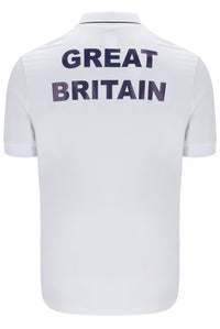 A white tennis polo shirt with button-up fastening and cap sleeve. It features the FILA logo and a small GB flag on the chest.
