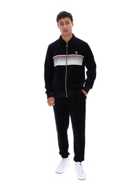 Displays a model wearing the Black 'FILA' branded Malakai Striped Track Top