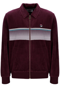 Maroon jacket with a striped design and a FILA logo, on a white background