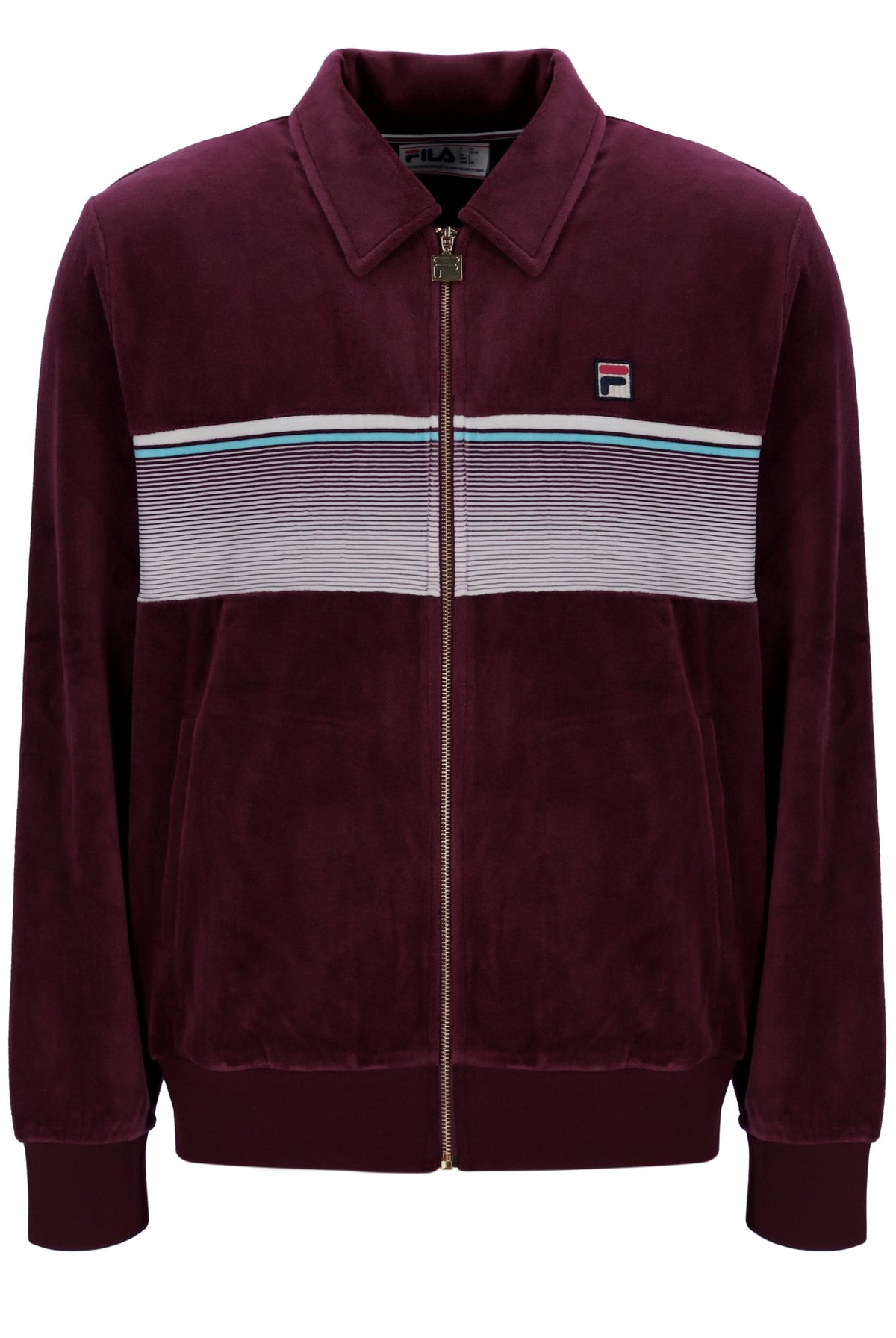 Maroon jacket with a striped design and a FILA logo, on a white background
