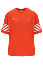 Orange t-shirt with white stripes and '1911' text on sleeves, Fila logo on chest, on a white background