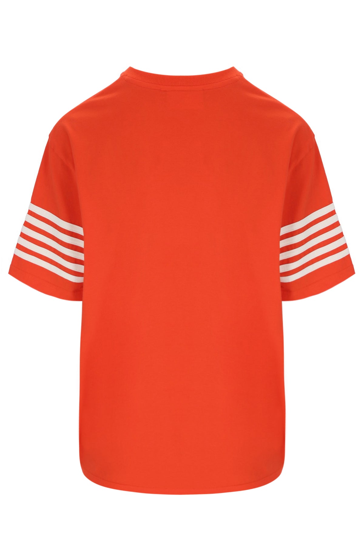 Orange t-shirt with white stripes on sleeves on a white background