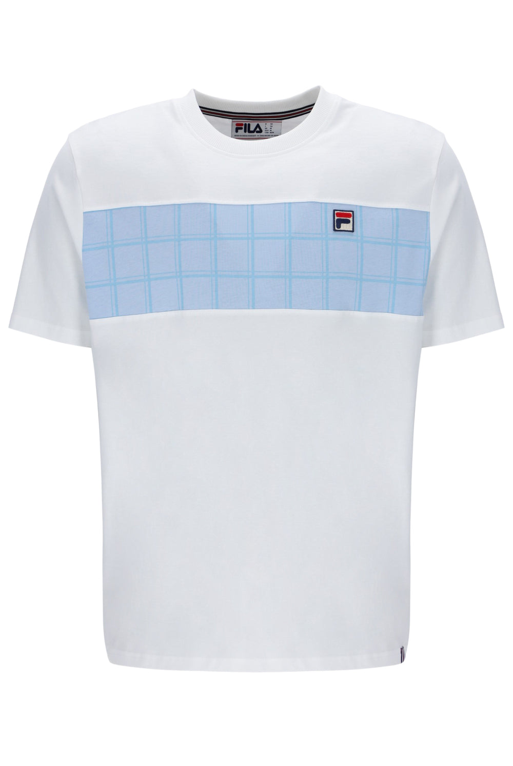 White t-shirt with a blue grid pattern and Fila logo on a white background