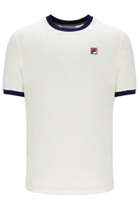 White t-shirt with navy accents and a small FILA logo on the chest on a white background