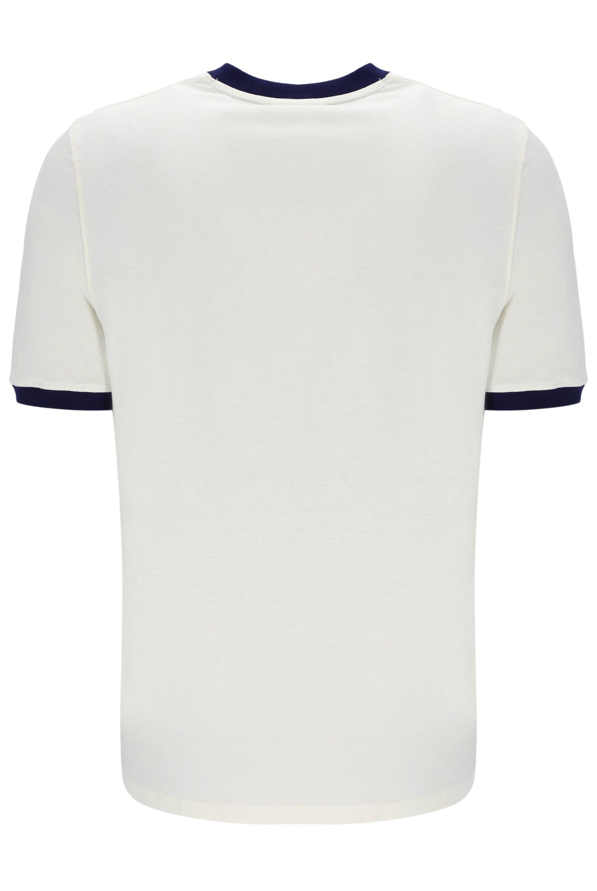 A white and navy ringer t-shirt on a white background
