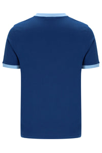 Displays a model wearing the Limoges 'FILA' branded Marconi Essential Ringer T-Shirt
