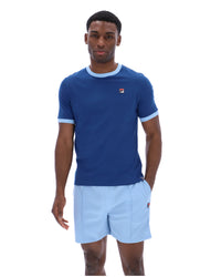 Displays a model wearing the Limoges 'FILA' branded Marconi Essential Ringer T-Shirt
