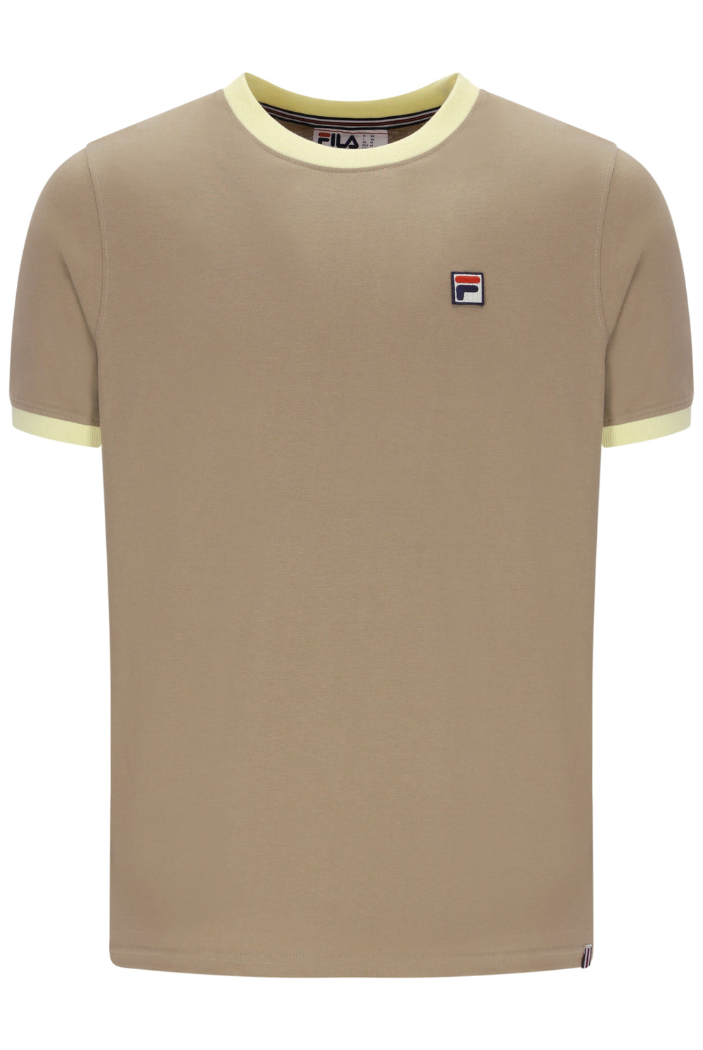 A beige short-sleeve ringer t-shirt by FILA, featuring light yellow-green contrast trim on the crew neck and sleeve cuffs, with the brand's small logo patch on the left chest.