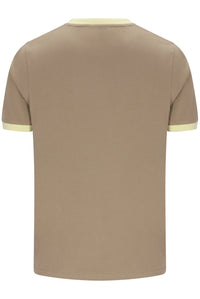 A short-sleeve ringer t-shirt shown from the back, featuring a solid taupe-brown body with contrasting light cream ribbed trim on the collar and sleeve cuffs.