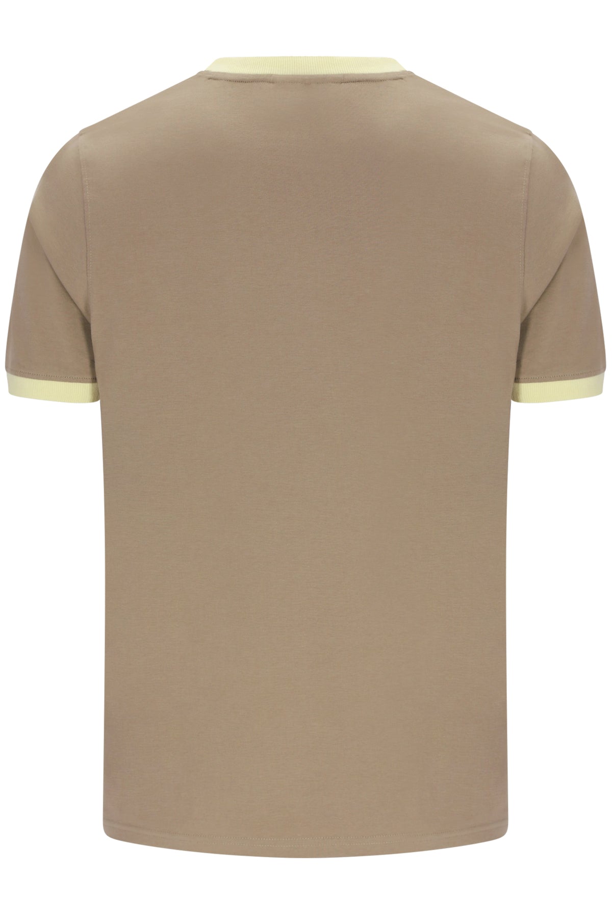 A short-sleeve ringer t-shirt shown from the back, featuring a solid taupe-brown body with contrasting light cream ribbed trim on the collar and sleeve cuffs.