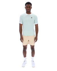 Man wearing a light green t-shirt and beige shorts on a white background